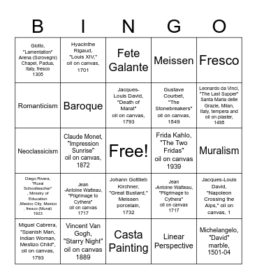 Art History Bingo Card