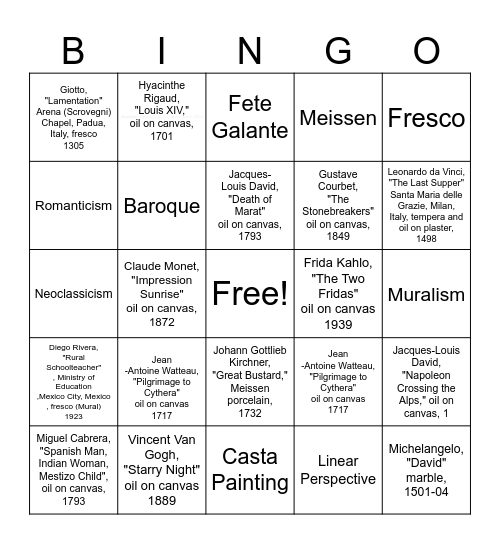 Art History Bingo Card