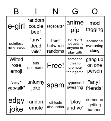 Roblox discord Bingo Card