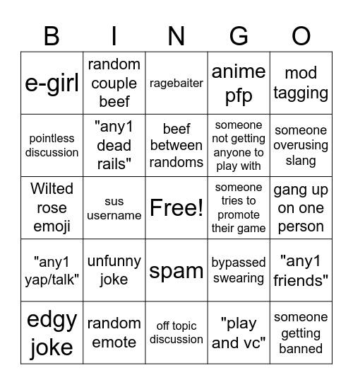 Roblox discord Bingo Card
