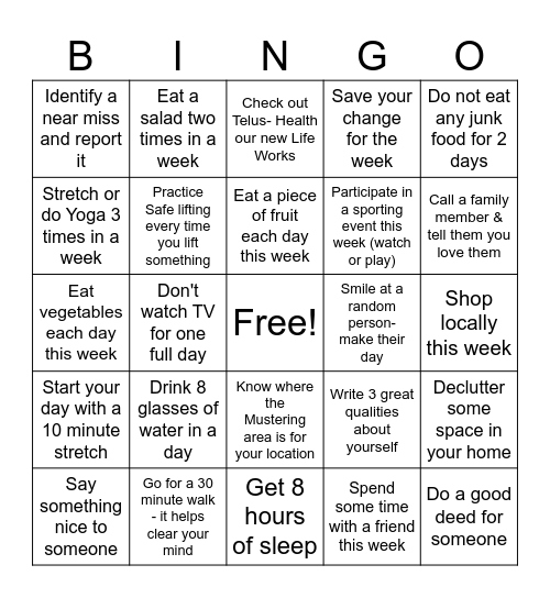 Mental Health & Safety Week Bingo Card