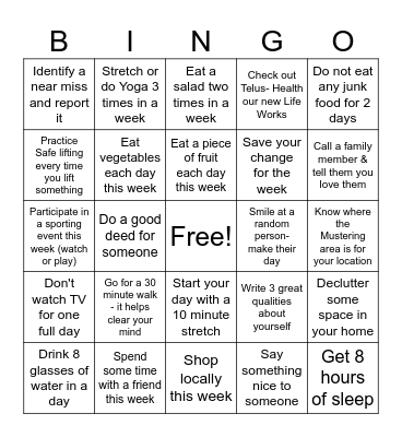 Mental Health & Safety Week Bingo Card