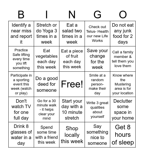 Mental Health & Safety Week Bingo Card