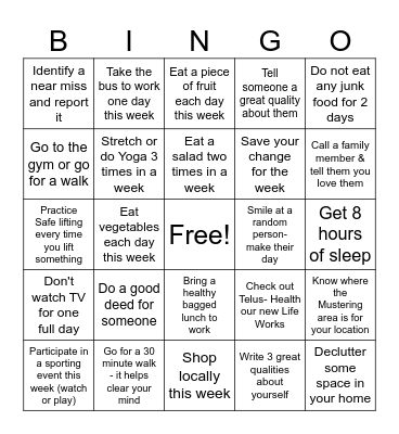 Mental Health & Safety Week Bingo Card