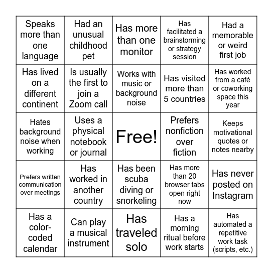 PIE Team BINGO Card