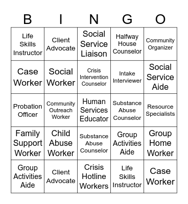 Human Services Roles Bingo Card