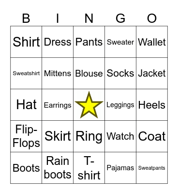 Clothes Bingo Card