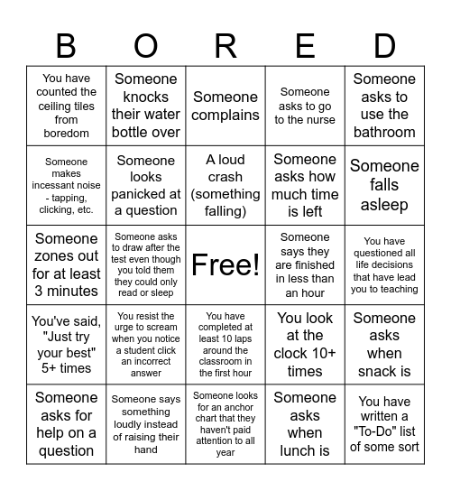 SC Ready Test Monitor Bingo Card