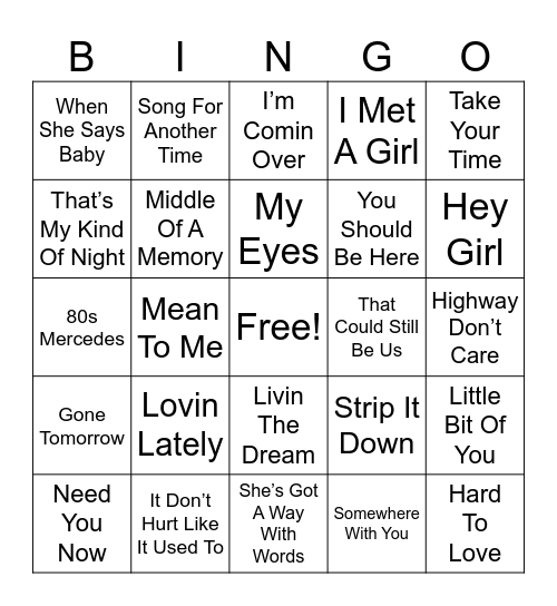 2016 Billboard Country Hits Bingo Card