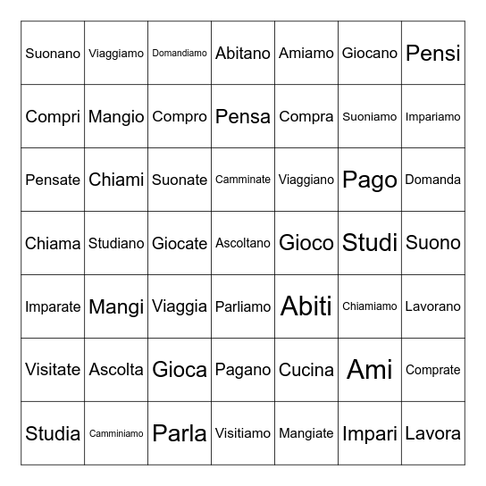 - ARE VERBS BINGO Card