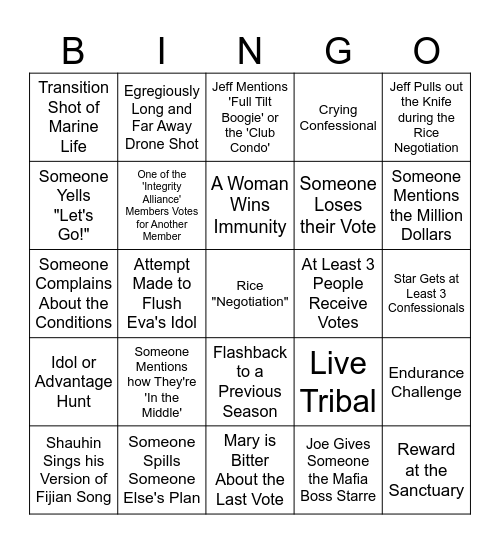 Survivor 48 Episode 10 Bingo Card