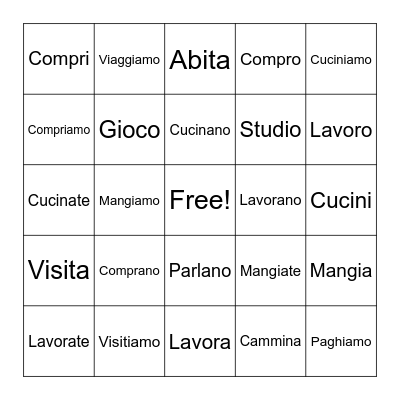 ITALIAN - ARE VERBS Bingo Card