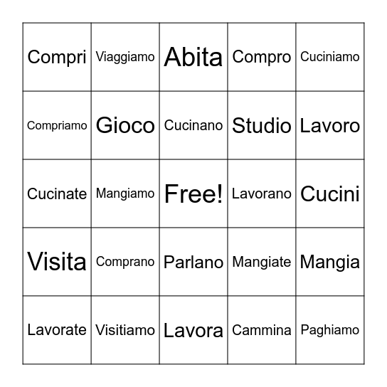 ITALIAN - ARE VERBS Bingo Card