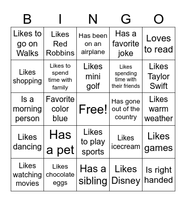 Get to know you bingo Card