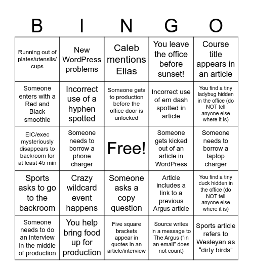 Argus Bingo! (Writing section version) Bingo Card