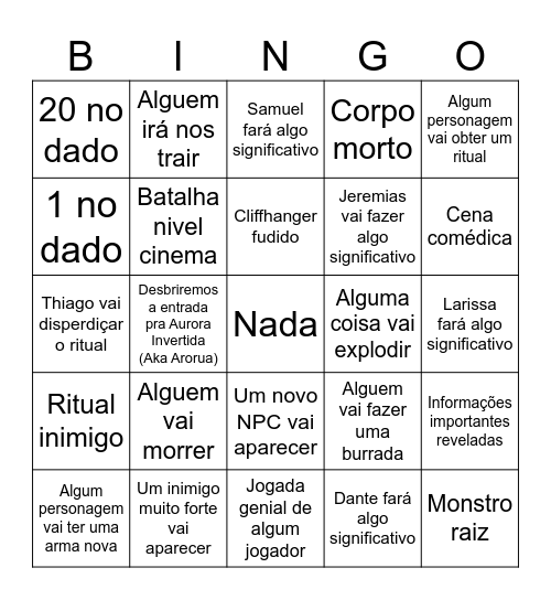 O que vai ocorrer na proxima Sessão: Bingo Card