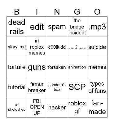roblox shorts bingo Card