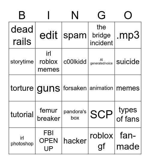 roblox shorts bingo Card