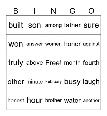 Heart word Bingo Card