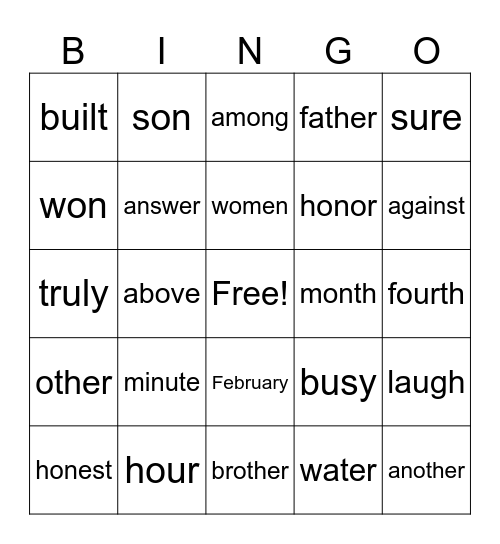Heart word Bingo Card