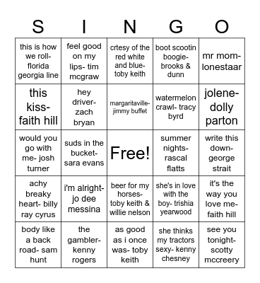 country Bingo Card
