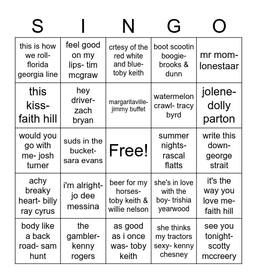 country Bingo Card