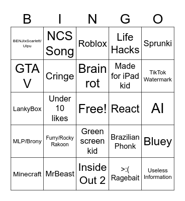 YouTube shorts Bingo Card