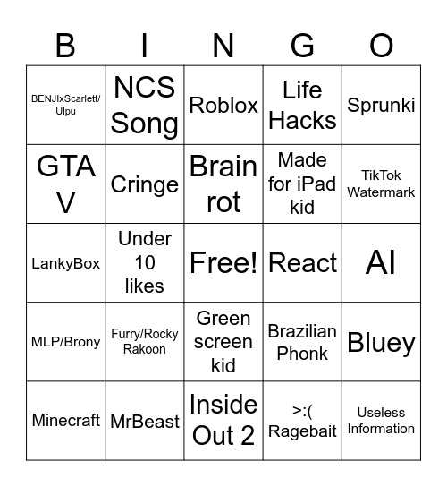 YouTube shorts Bingo Card