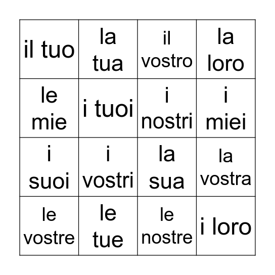 ITALIAN POSSESSIVES BINGO Card