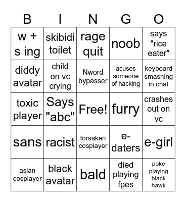 Roblox bingo Card