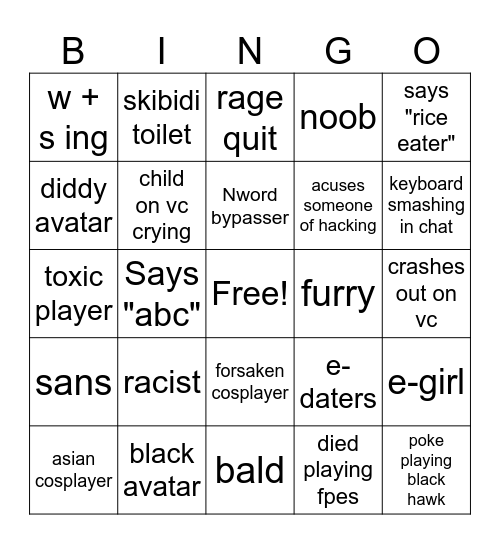 Roblox bingo Card