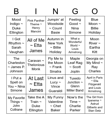 Jazz History Music Bingo Card