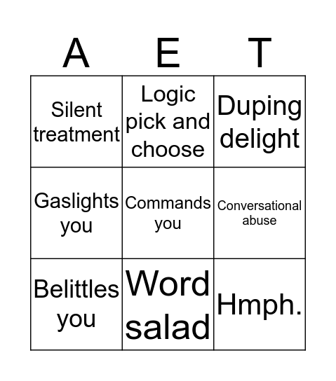 NARCISSIST BINGO Card