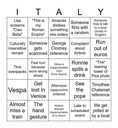 Italy Bingo Card