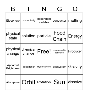 5th Grade Science Bingo (physical science) Bingo Card
