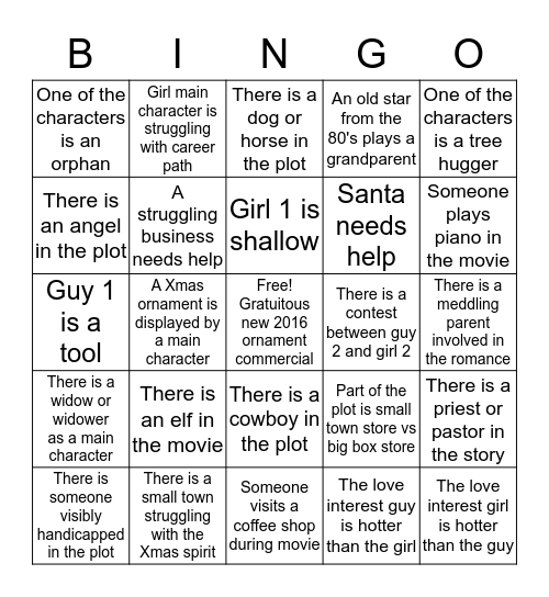 2016 Hallmark movie Bingo Card