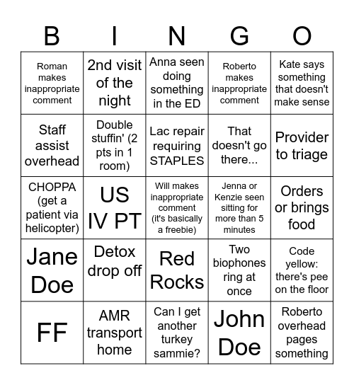 Nightshift Bingo Card