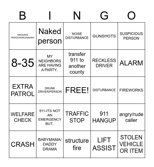 911 dispatcher Bingo Card