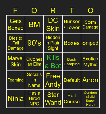 Fortnite Spectate Bingo Card