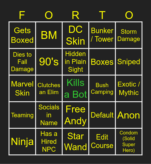 Fortnite Spectate Bingo Card
