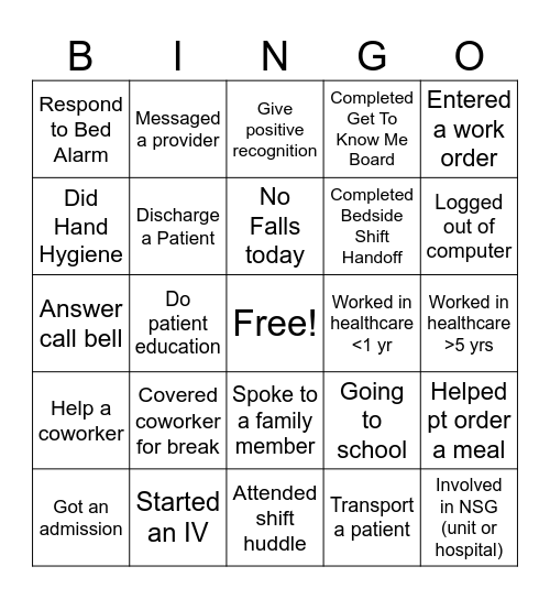 Nursing Team Week Bingo Card