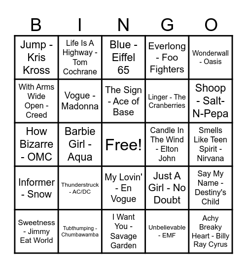 90's Hits! Bingo Card