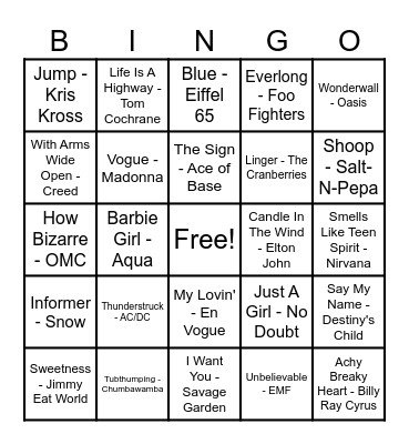 90's Hits! Bingo Card