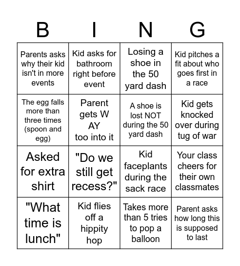 Field Day Bingo Card