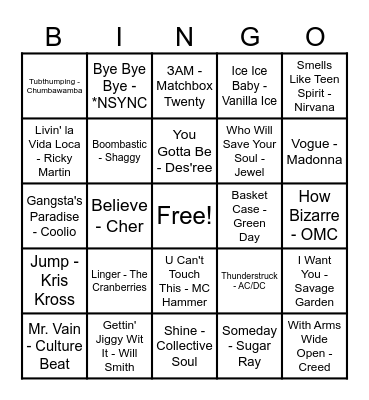 90's Hits Bingo Card