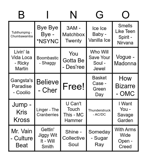 90's Hits Bingo Card