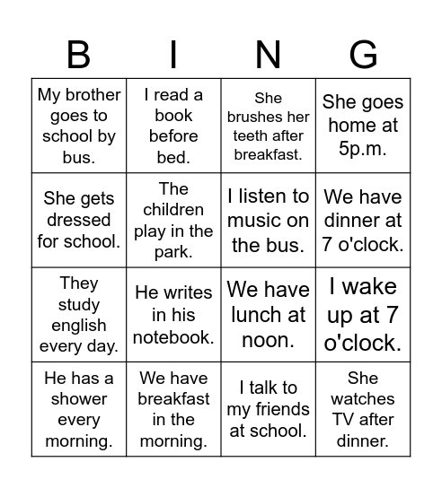 Present simple Bingo Card