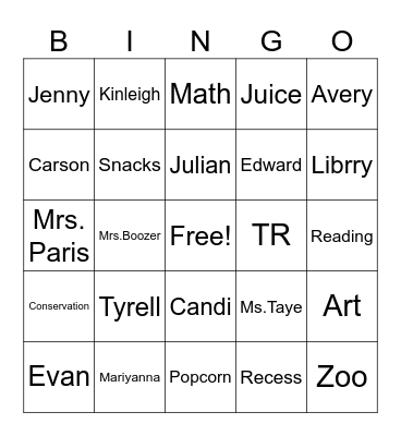 5th Grade Afterschool Bingo Card