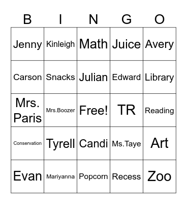 5th Grade Afterschool Bingo Card