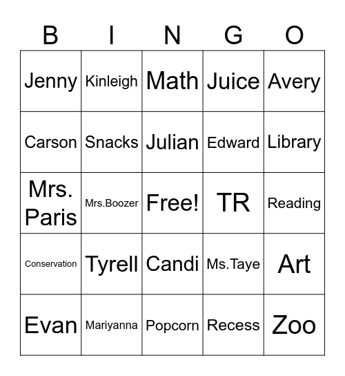 5th Grade Afterschool Bingo Card